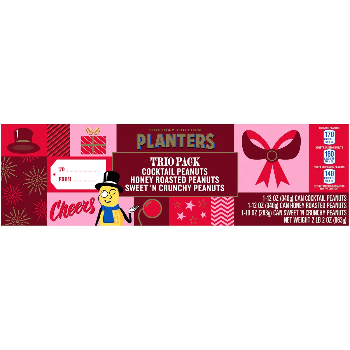 slide 1 of 10, Planters Holiday Edition Trio Pack Cocktail, Honey Roasted & Sweet 'n Crunchy Peanuts Variety Pack 3 ct Cans, 2.13 lb