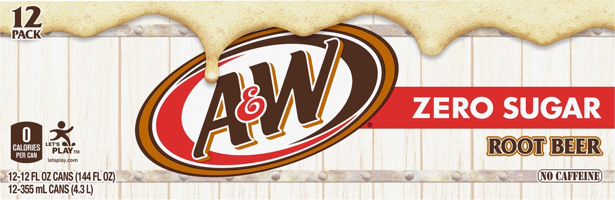 slide 3 of 7, A&W 12 Pack Zero Sugar Root Beer 12-12 fl oz Can, 12 ct