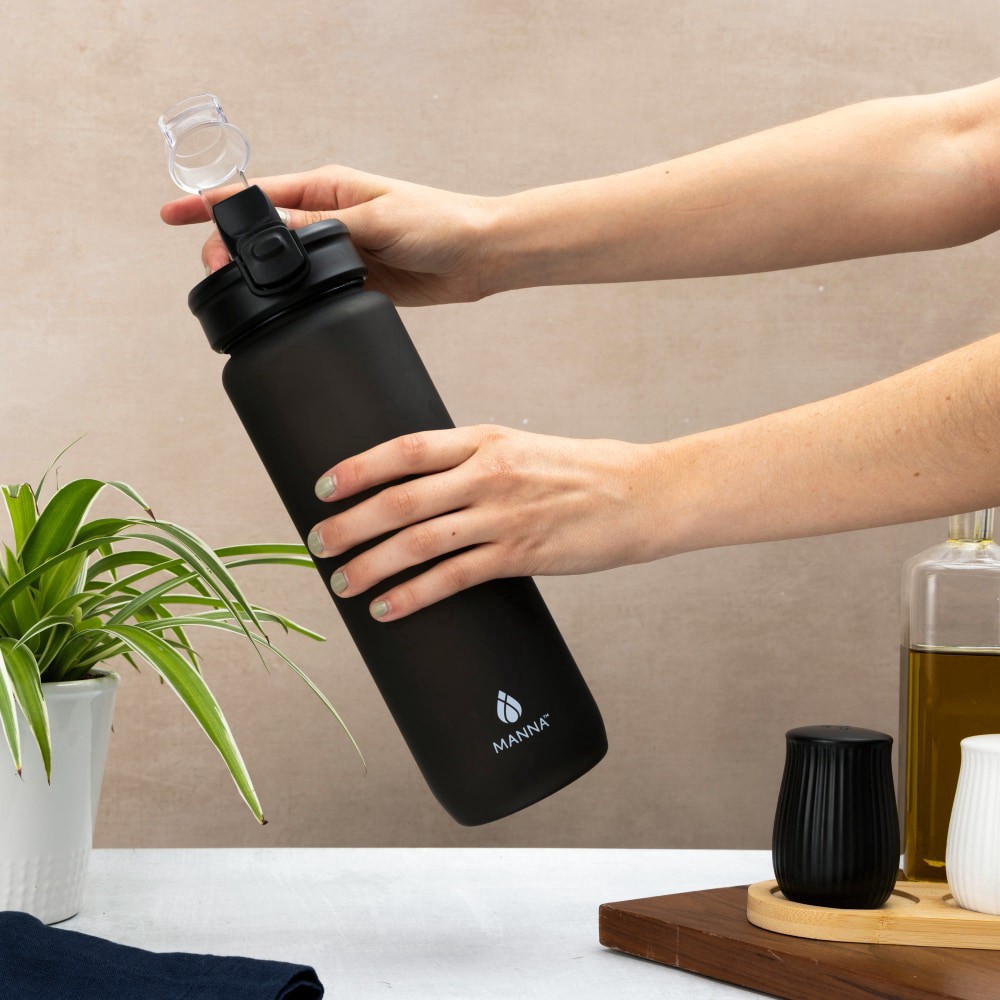 slide 2 of 4, Manna™ Push Bottle Plastic- Black, 39 oz