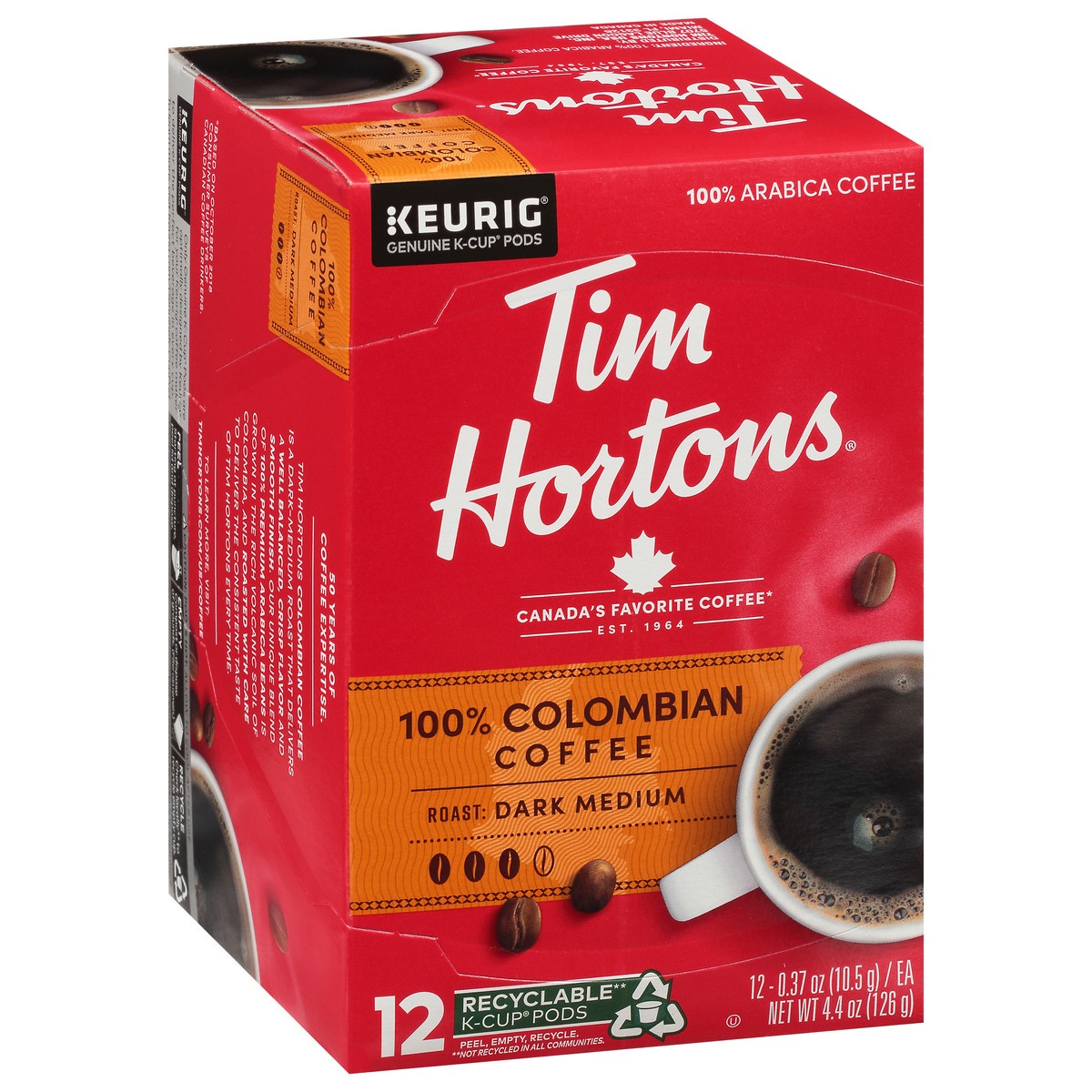 slide 3 of 9, Tim Hortons 100% Arabica Dark-Medium Roast 100% Colombian Coffee 12 - 0.37 oz Each, 12 ct