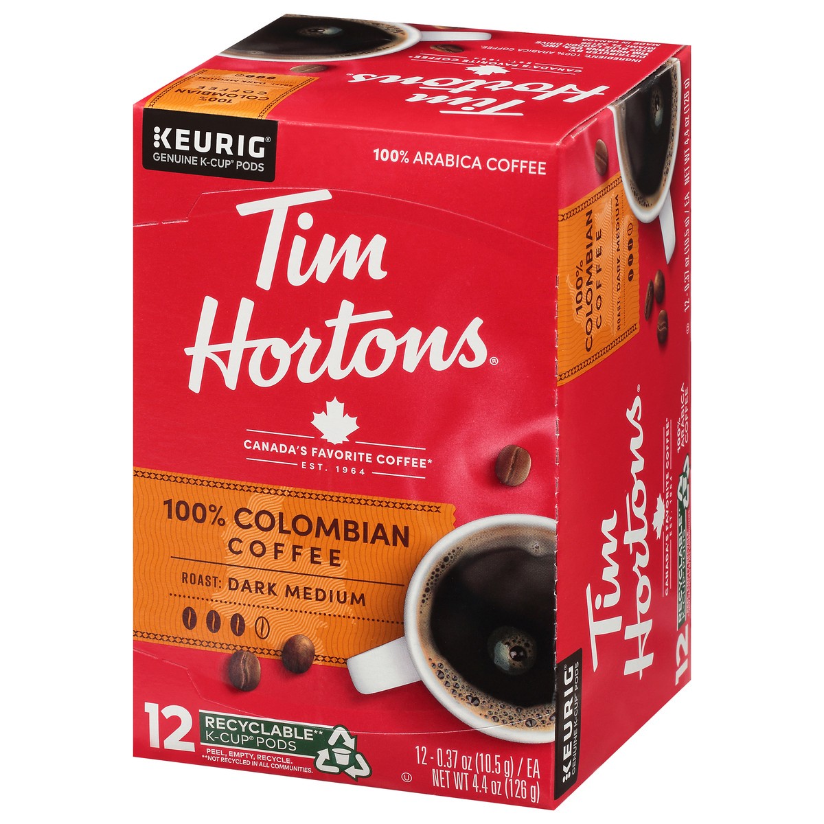 slide 4 of 9, Tim Hortons 100% Arabica Dark-Medium Roast 100% Colombian Coffee 12 - 0.37 oz Each, 12 ct