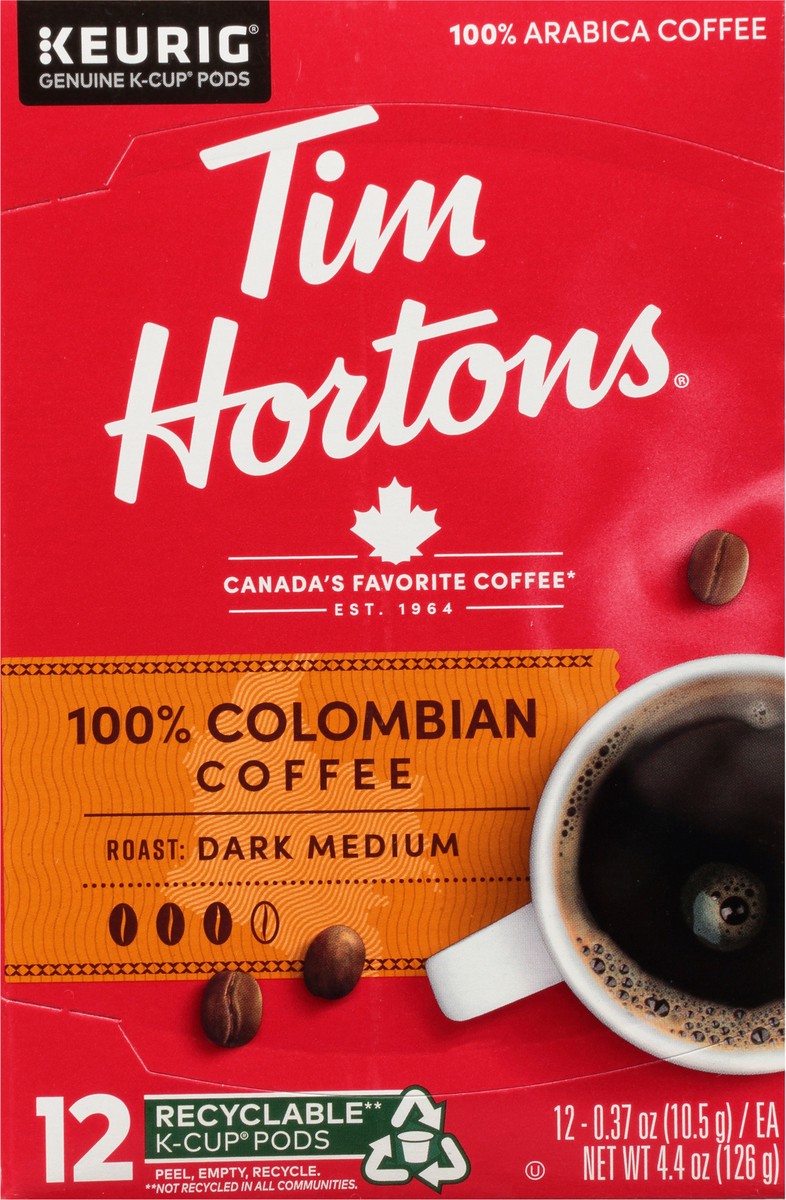 slide 9 of 9, Tim Hortons 100% Arabica Dark-Medium Roast 100% Colombian Coffee 12 - 0.37 oz Each, 12 ct