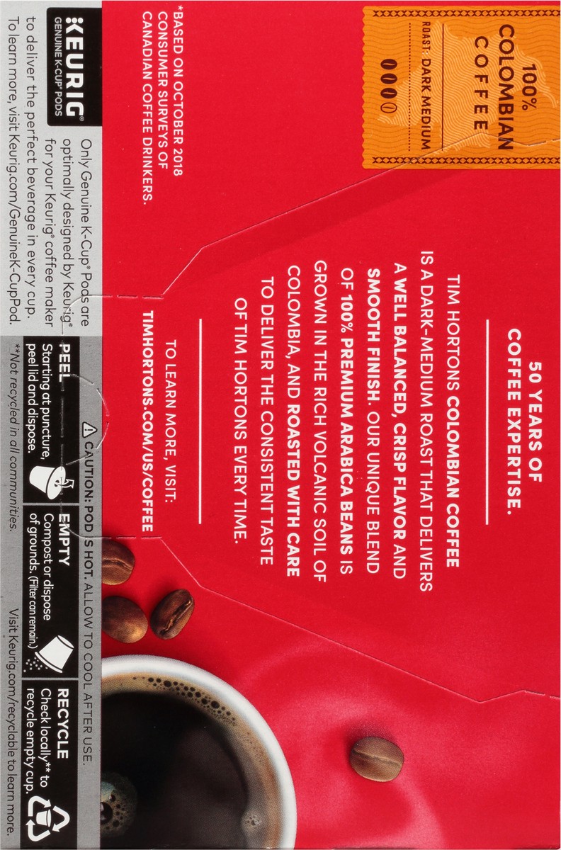 slide 2 of 9, Tim Hortons 100% Arabica Dark-Medium Roast 100% Colombian Coffee 12 - 0.37 oz Each, 12 ct