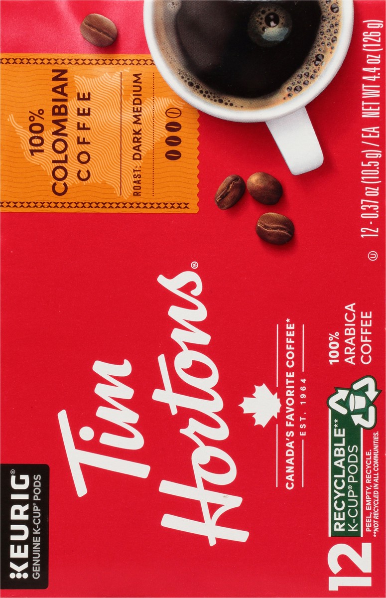 slide 6 of 9, Tim Hortons 100% Arabica Dark-Medium Roast 100% Colombian Coffee 12 - 0.37 oz Each, 12 ct