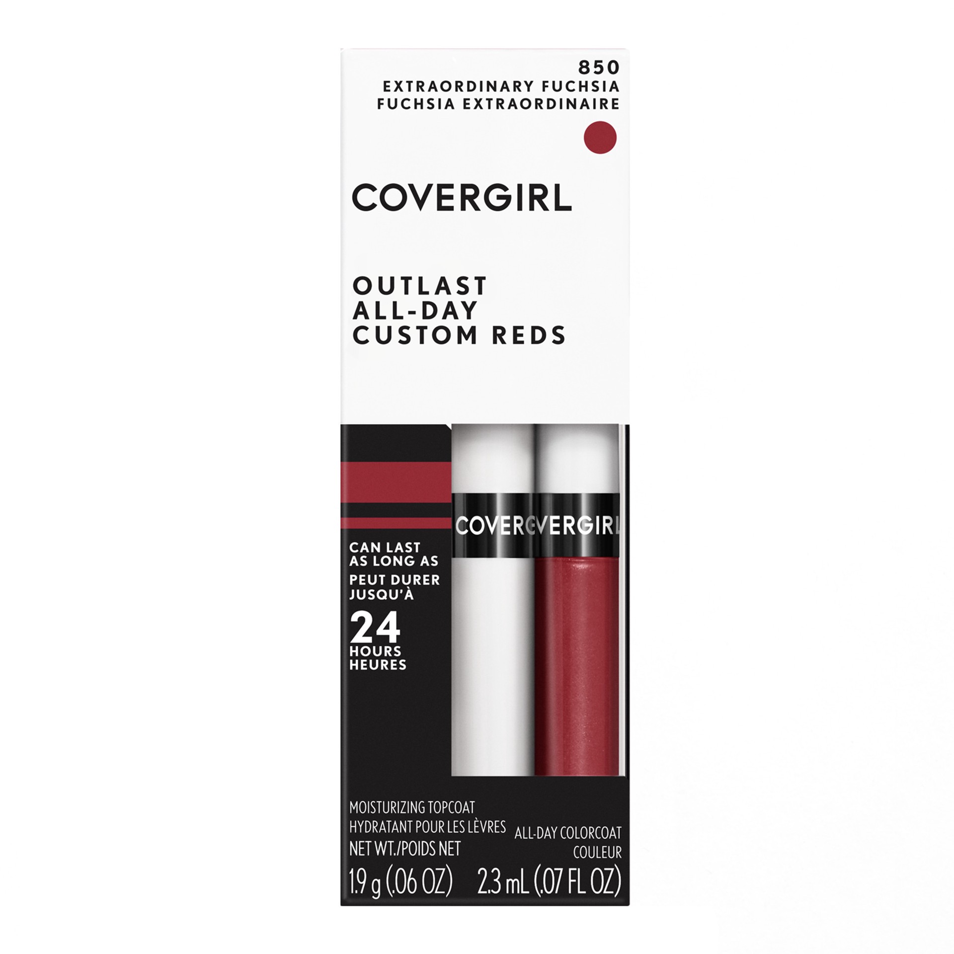 slide 1 of 7, COTY COVERGIRL COVERGIRL Outlast All-Day Lip Color With Topcoat, Extraordinary Fuchsia 850, 1.9g 0.06 oz/ 2.3ml 0.07 fl oz, 13 fl oz