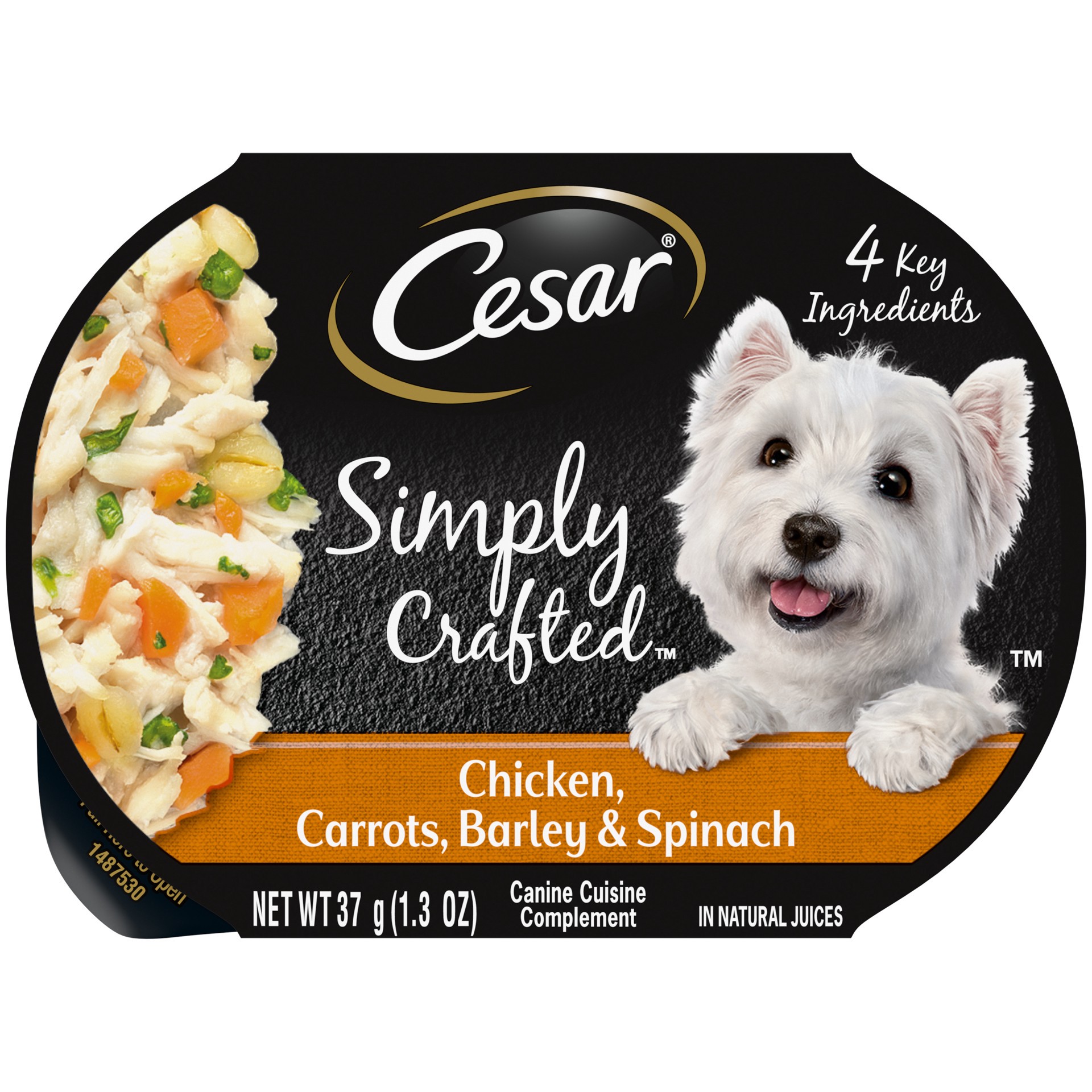 slide 1 of 4, Cesar Simply Crafted Chicken Carrots Barley & Spinach Topper Adult Wet Dog Food - 1.3 Oz, 1.3 oz