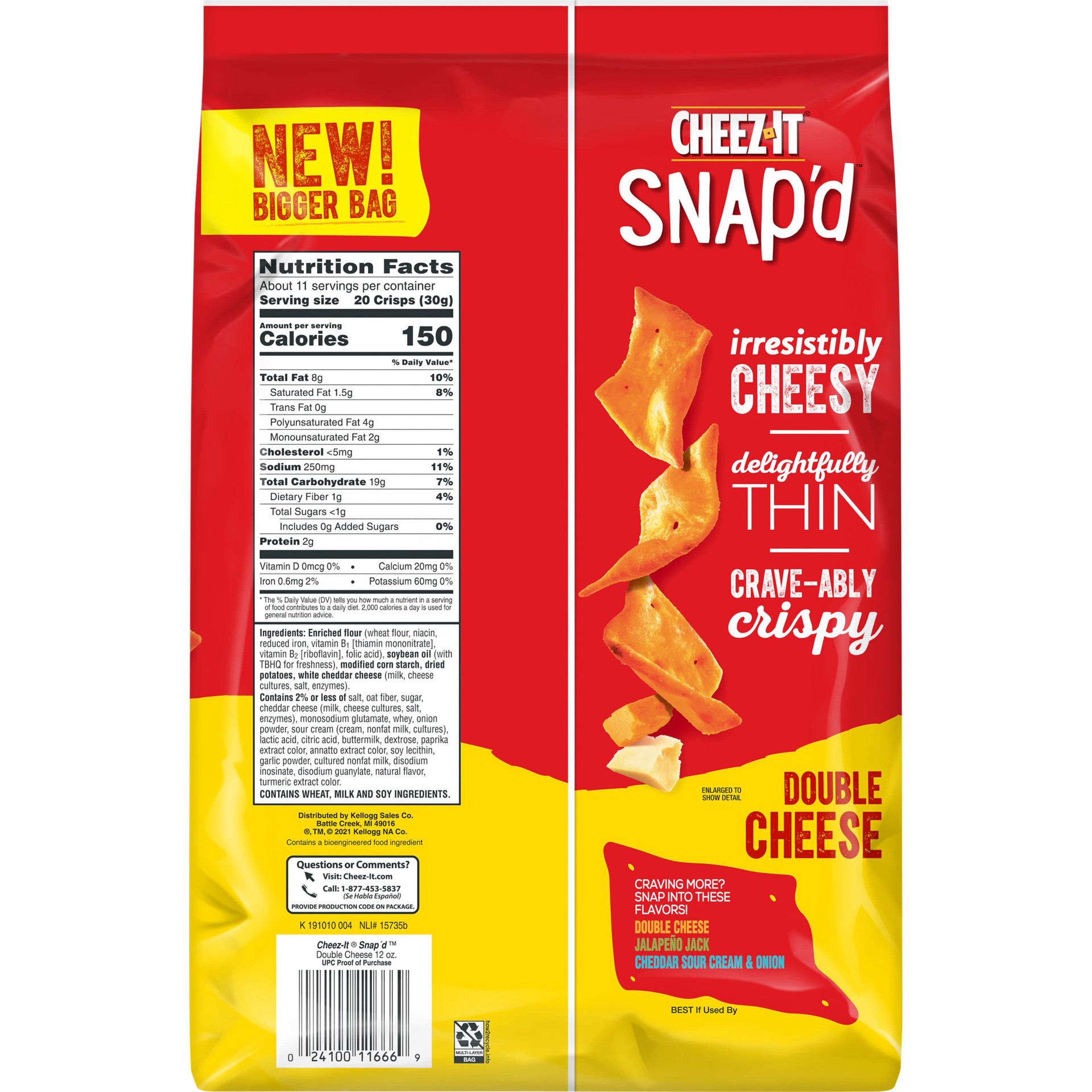 slide 3 of 5, Cheez-It Snap'd Cheese Cracker Chips, Thin Crisps, Lunch Snacks, Family Size, Double Cheese, 12oz Bag, 1 Bag, 12 oz