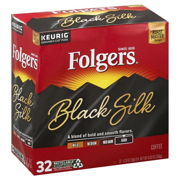 slide 1 of 6, Folgers Black Silk Dark Roast Coffee, Keurig K-Cup Pods, 32 Count Box, 32 ct