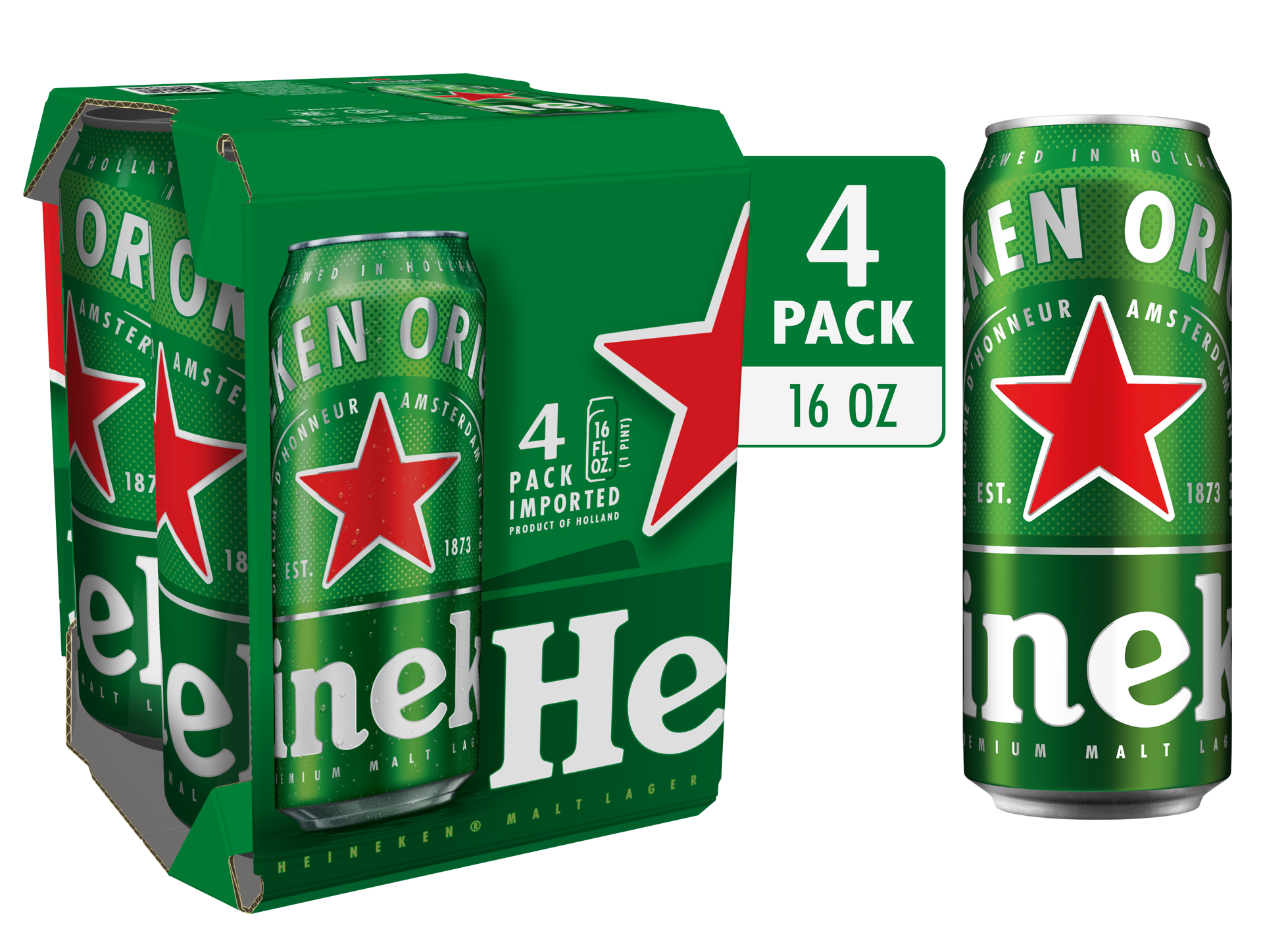 slide 1 of 12, Heineken Original Lager Beer, 4 Pack, 16 fl oz Cans, 16 oz