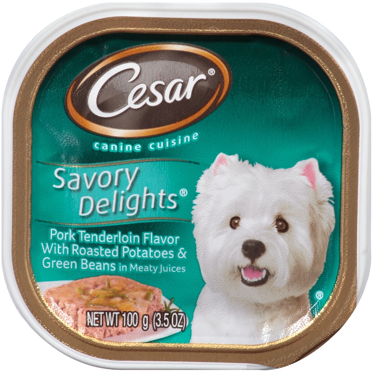 slide 1 of 12, Cesar Savory Delights Pork Tenderloin Flavor with Roasted Potatoes & Green Beans in Meaty Juices Wet Dog Food 3.5 oz. Cup, 3.5 oz