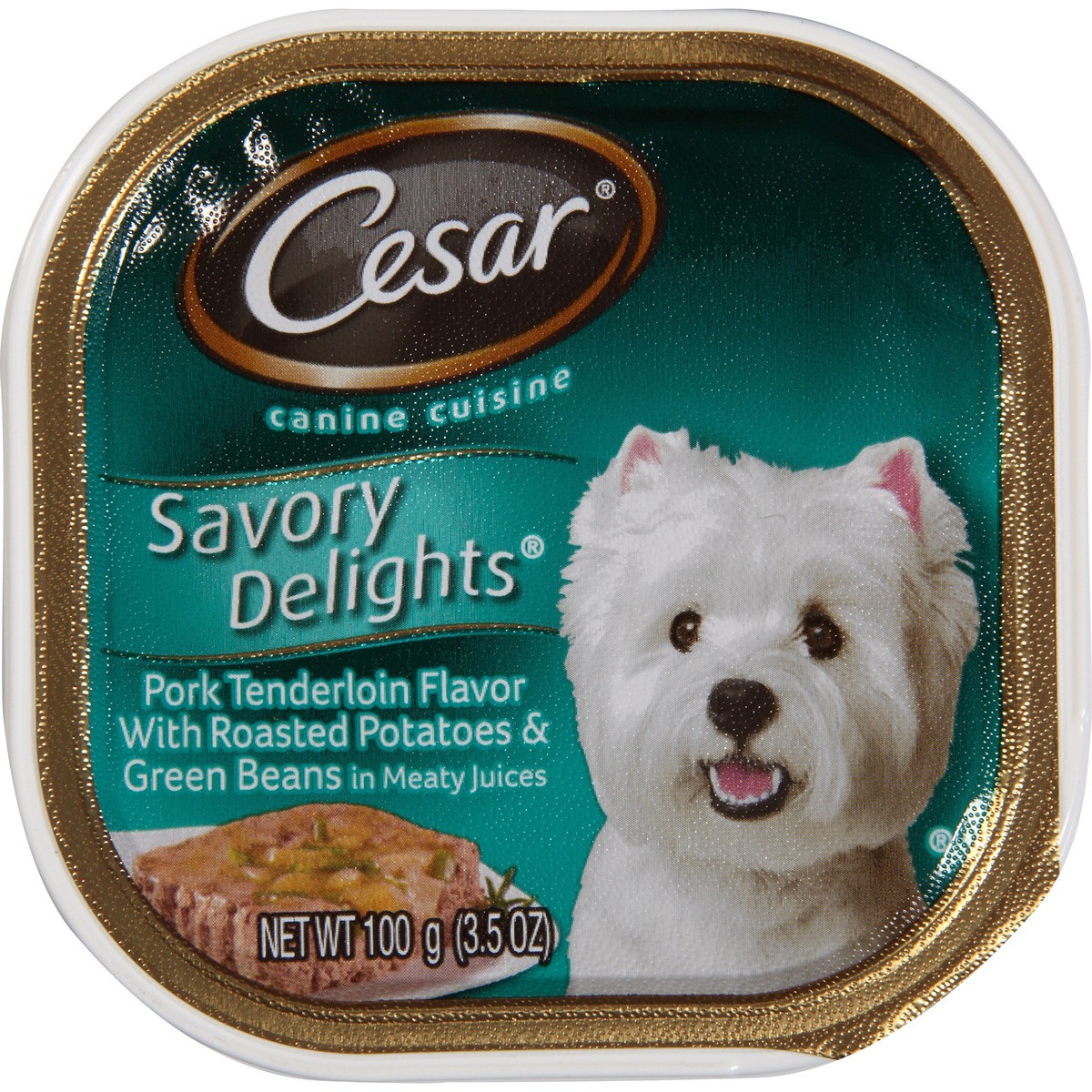 slide 4 of 12, Cesar Savory Delights Pork Tenderloin Flavor with Roasted Potatoes & Green Beans in Meaty Juices Wet Dog Food 3.5 oz. Cup, 3.5 oz