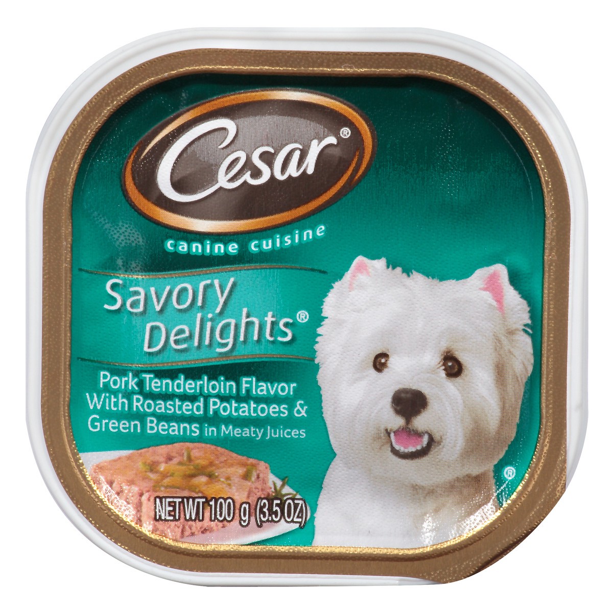 slide 10 of 12, Cesar Savory Delights Pork Tenderloin Flavor with Roasted Potatoes & Green Beans in Meaty Juices Wet Dog Food 3.5 oz. Cup, 3.5 oz