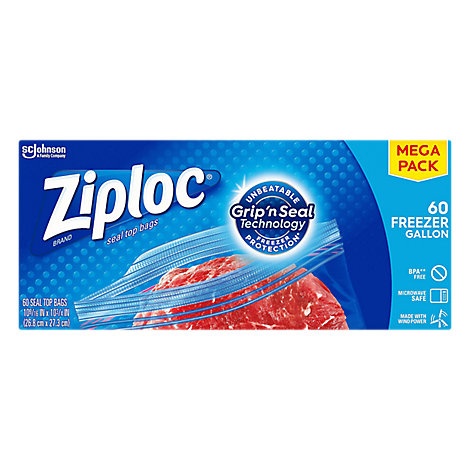 slide 1 of 1, Ziploc Freezer Bags Gallon, 60 ct