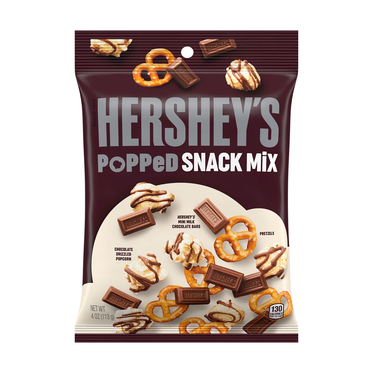 slide 1 of 4, Hershey's Milk Chocolate, Popcorn and Pretzel Popped Snack Mix Bag, 4 oz, 4 oz