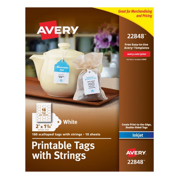 slide 1 of 10, Avery Print-To-The-Edge Tags with Strings, Scalloped, White, 180 ct