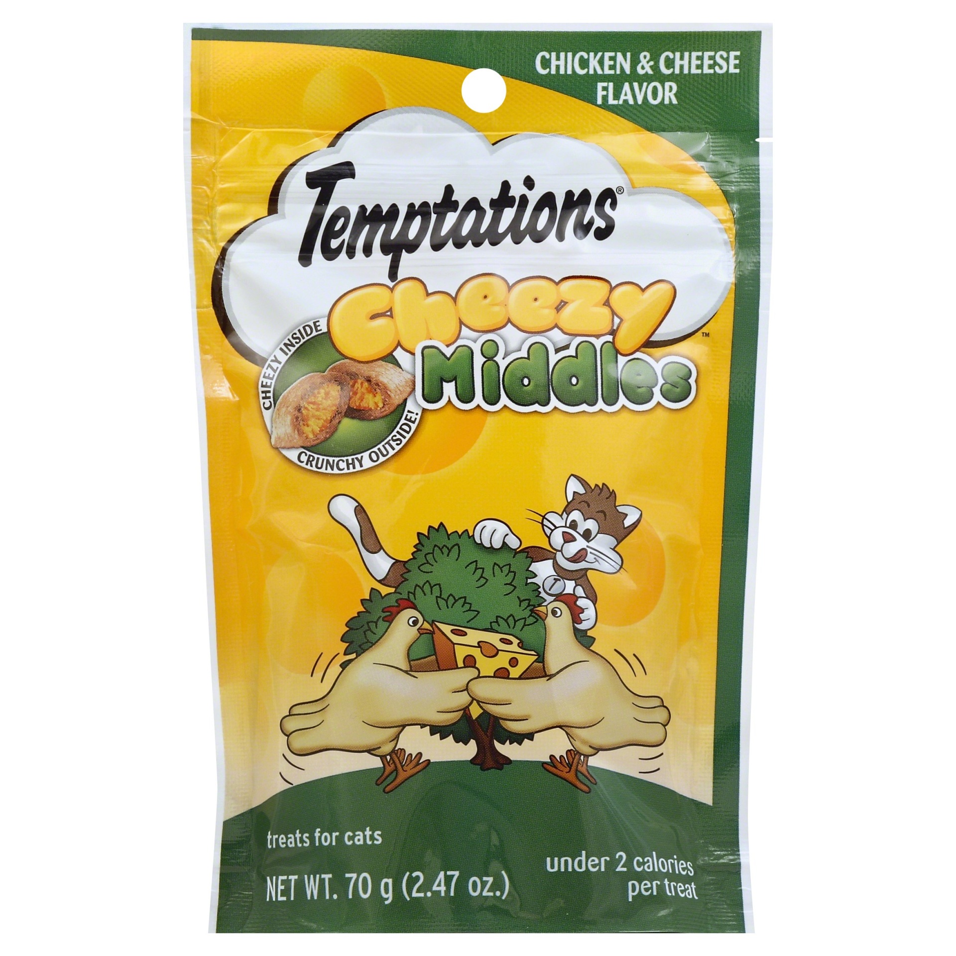 slide 1 of 3, Temptations Cat Care & Treats Cheezy Middles Chicken & Cheese, 2.47 oz
