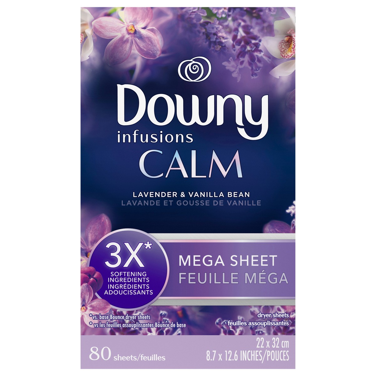 slide 1 of 8, Downy CALM, Mega Dryer Sheets, Laundry Fabric Softener, Lavender and Vanilla Bean, 80 Count, 80 ct