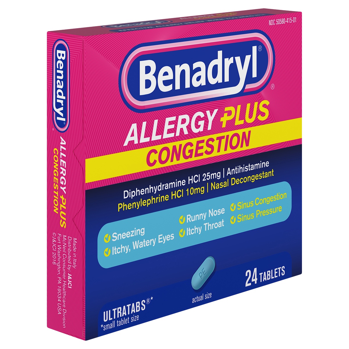 slide 2 of 4, Benadryl Allergy Plus Congestion Ultratabs, Allergy Medicine with Diphenhydramine HCl Antihistamine & Phenylephrine HCl Nasal Decongestant, Allergy & Sinus Congestion Relief Tablets, 24 ct