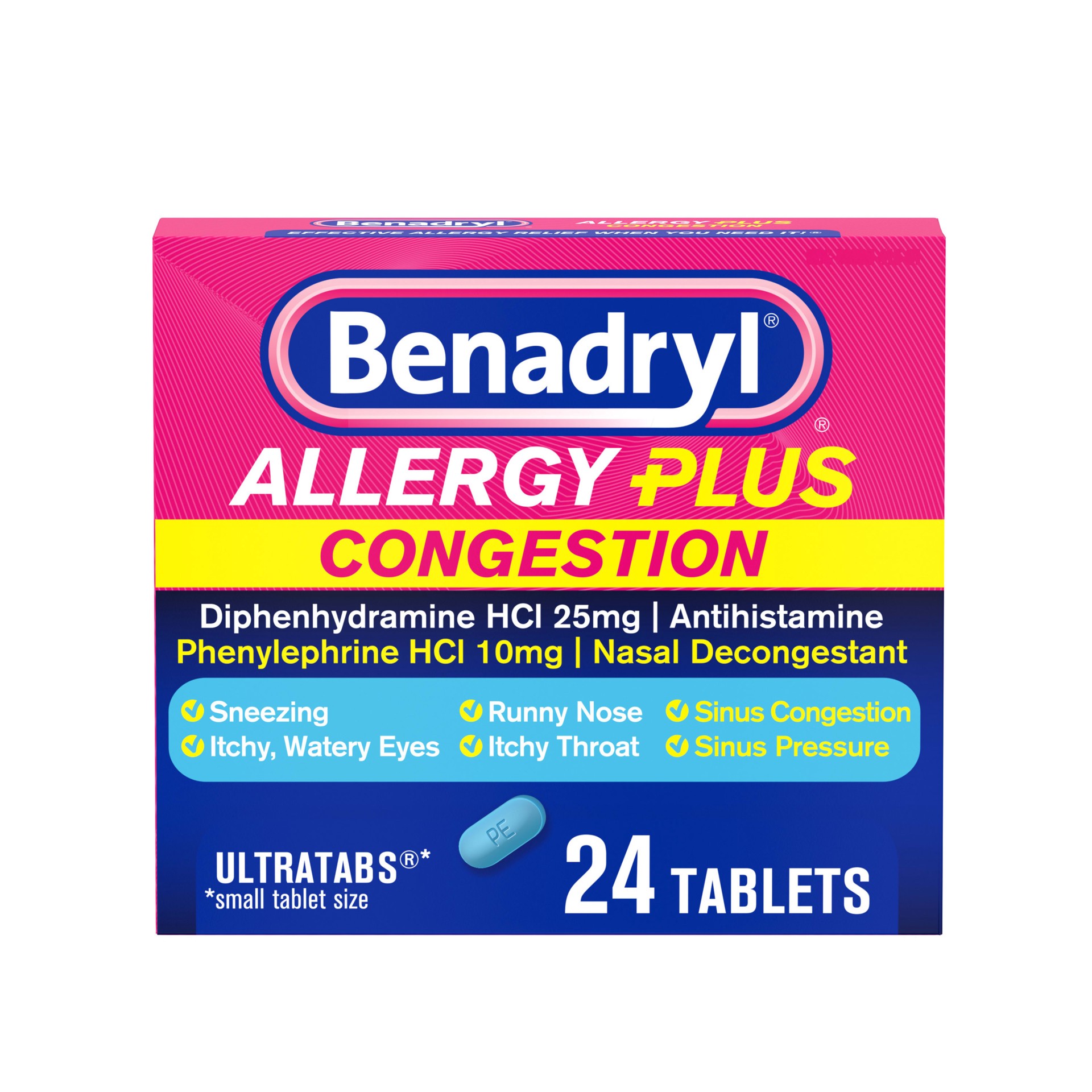 slide 1 of 5, Benadryl Allergy Plus Congestion Ultratabs, Allergy Medicine with Diphenhydramine HCl Antihistamine & Phenylephrine HCl Nasal Decongestant, Allergy & Sinus Congestion Relief Tablets, 24 ct, 24 ct