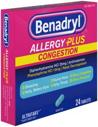 Benadryl Allergy Plus Congestion Ultratabs, Allergy Medicine with Diphenhydramine HCl Antihistamine & Phenylephrine HCl Nasal Decongestant, Allergy & Sinus Congestion Relief Tablets, 24 ct
