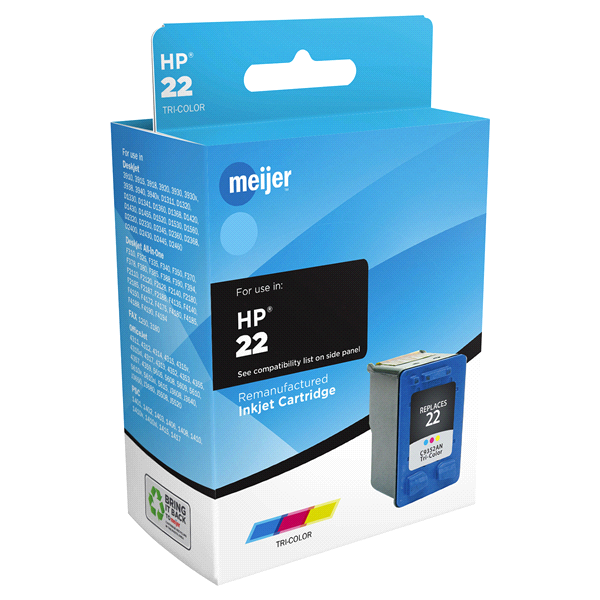 slide 1 of 1, Meijer Brand Remanufactured Ink Cartridge, replacement for HP 22 Inkjet Cartridge, Tri-Color, 1 ct