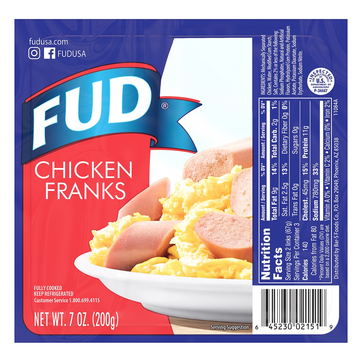 slide 1 of 9, FUD Chicken Franks 7 oz, 6 ct