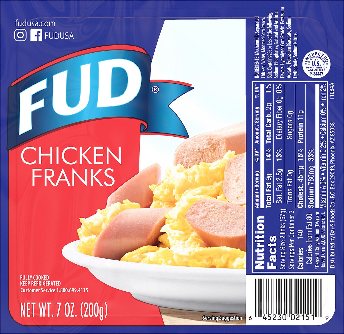 slide 1 of 9, FUD Chicken Franks 7 oz, 6 ct