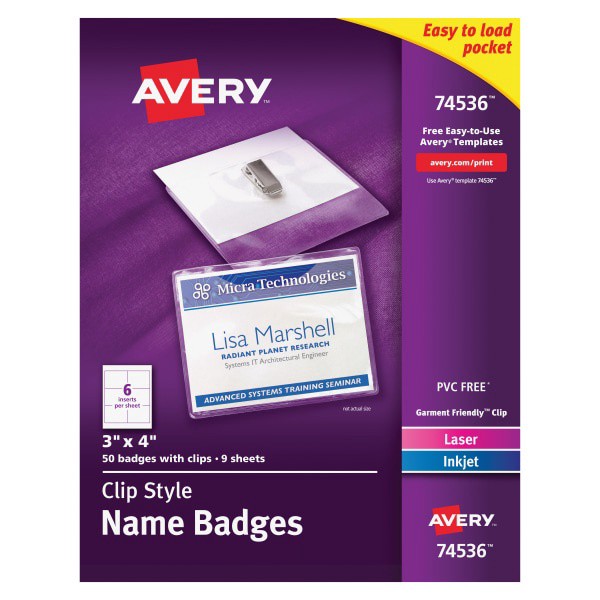 slide 1 of 2, Avery Garment Friendly Clip Style Name Badges, Rectangular, White, 1 ct