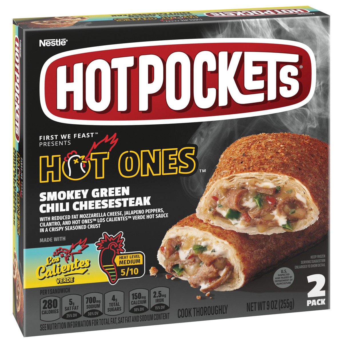 slide 2 of 9, Hot Pockets Hot Ones Smokey Green Chili Cheesesteak Frozen Snacks in a Crispy Buttery Crust, Steak and Cheese Sandwiches Made with Real Cheddar Cheese, 2 Count Frozen Sandwiches, 9 oz