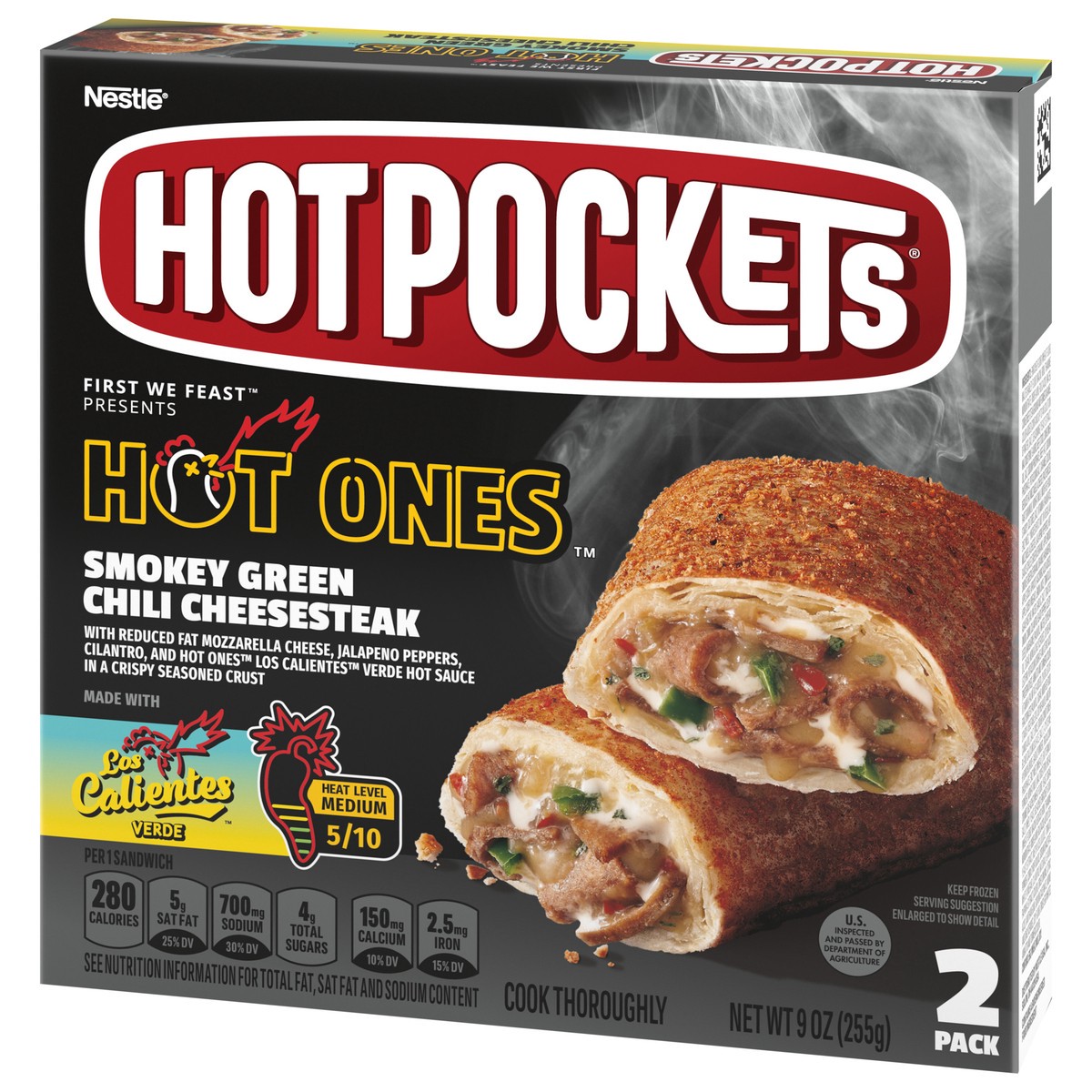 slide 3 of 9, Hot Pockets Hot Ones Smokey Green Chili Cheesesteak Frozen Snacks in a Crispy Buttery Crust, Steak and Cheese Sandwiches Made with Real Cheddar Cheese, 2 Count Frozen Sandwiches, 9 oz