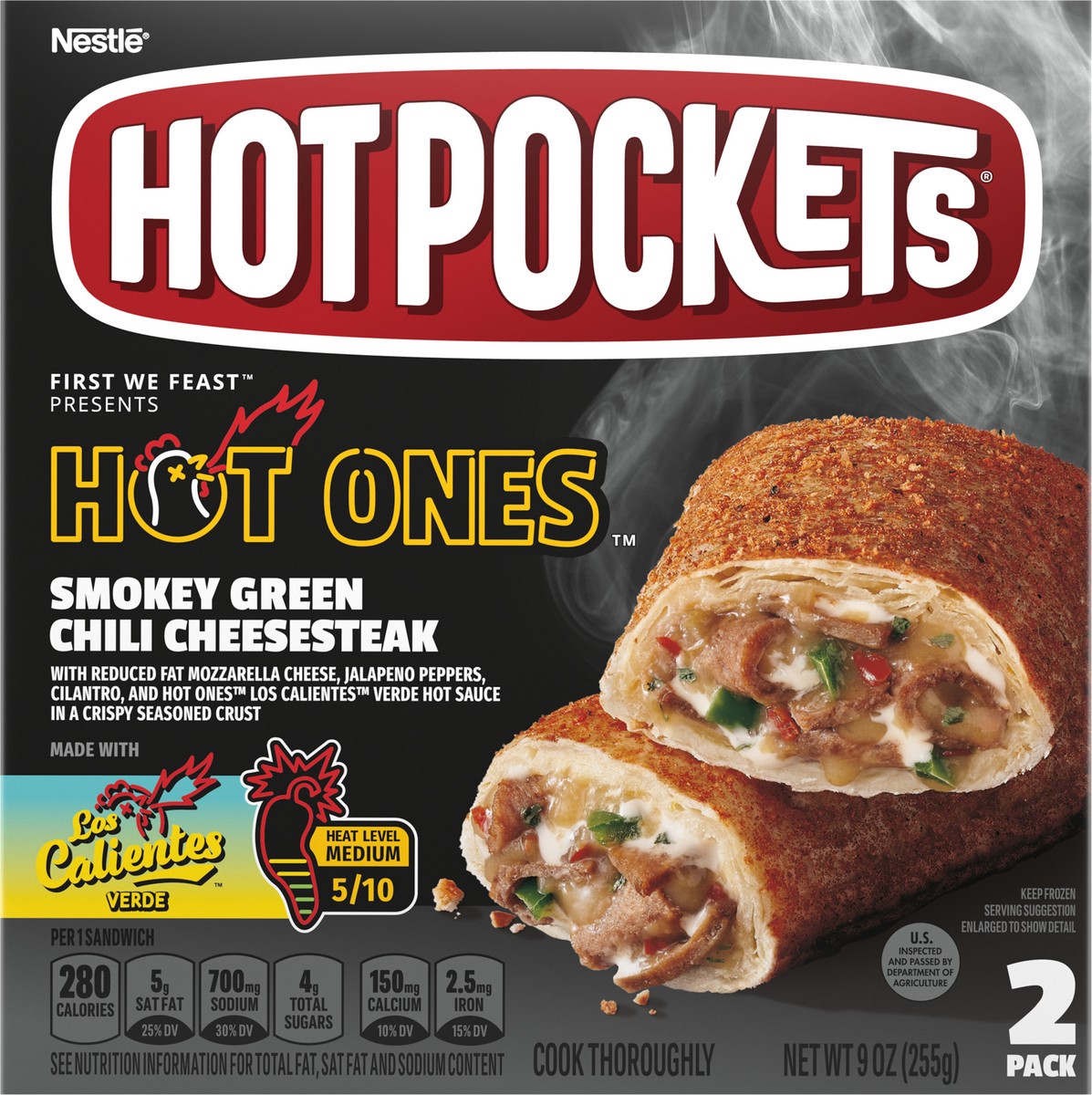 slide 6 of 9, Hot Pockets Hot Ones Smokey Green Chili Cheesesteak Frozen Snacks in a Crispy Buttery Crust, Steak and Cheese Sandwiches Made with Real Cheddar Cheese, 2 Count Frozen Sandwiches, 2 ct