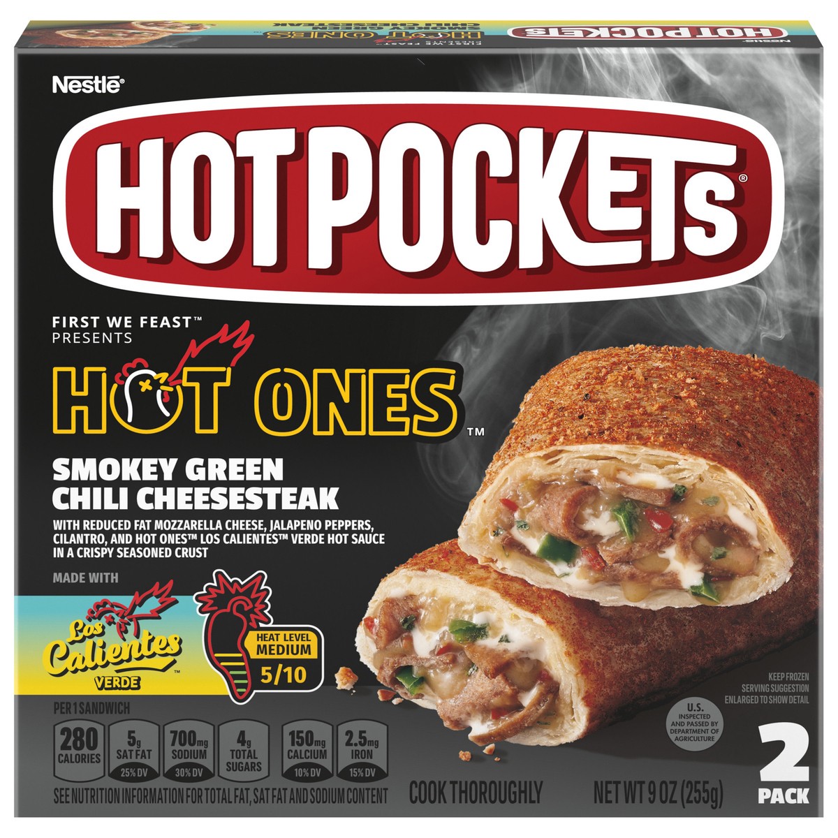 slide 1 of 9, Hot Pockets Hot Ones Smokey Green Chili Cheesesteak Frozen Snacks in a Crispy Buttery Crust, Steak and Cheese Sandwiches Made with Real Cheddar Cheese, 2 Count Frozen Sandwiches, 9 oz