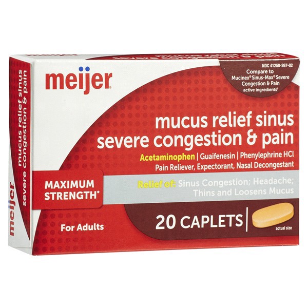 slide 4 of 29, Meijer Mucus Relief Sinus Severe Congestion Relief Caplets, 20 ct