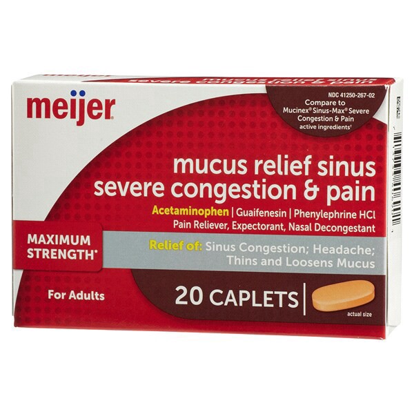 slide 8 of 29, Meijer Mucus Relief Sinus Severe Congestion Relief Caplets, 20 ct