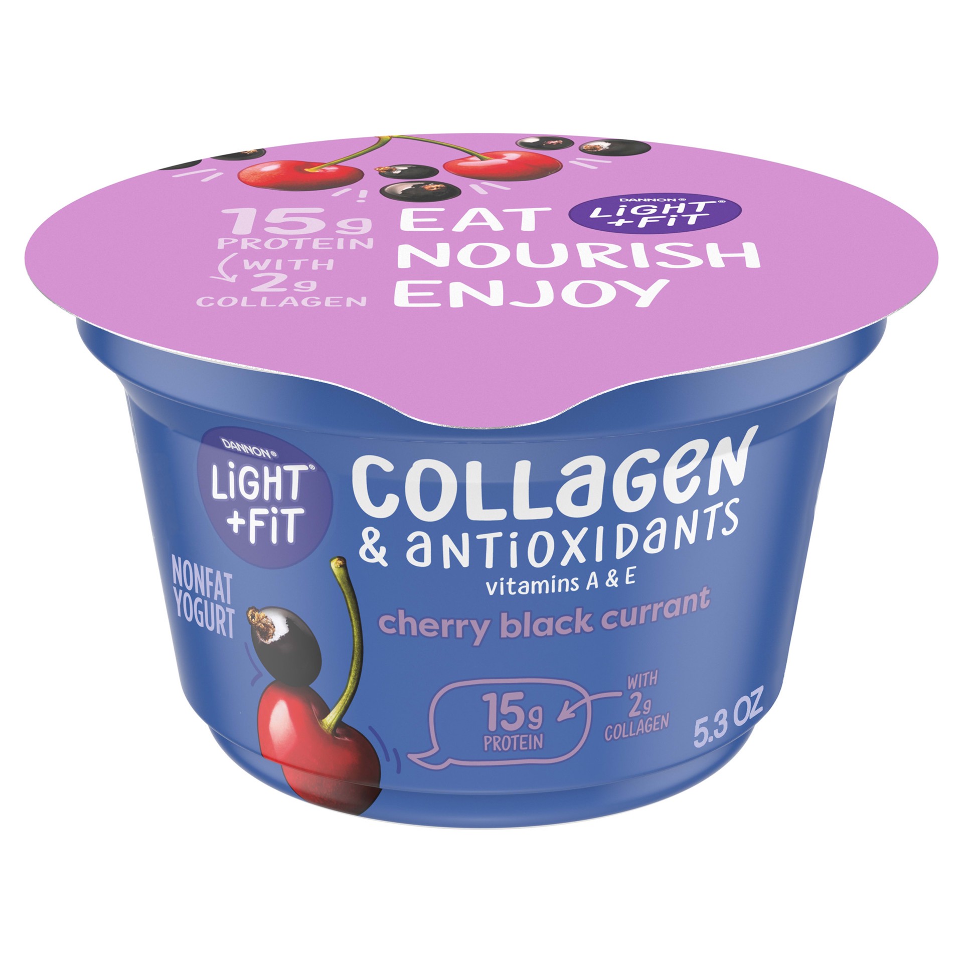 slide 1 of 10, Light + Fit Dannon Light + Fit Icelandic Style Nonfat Yogurt with Collagen & Antioxidants, Cherry Black Currant, 5.3oz, 5.3 oz