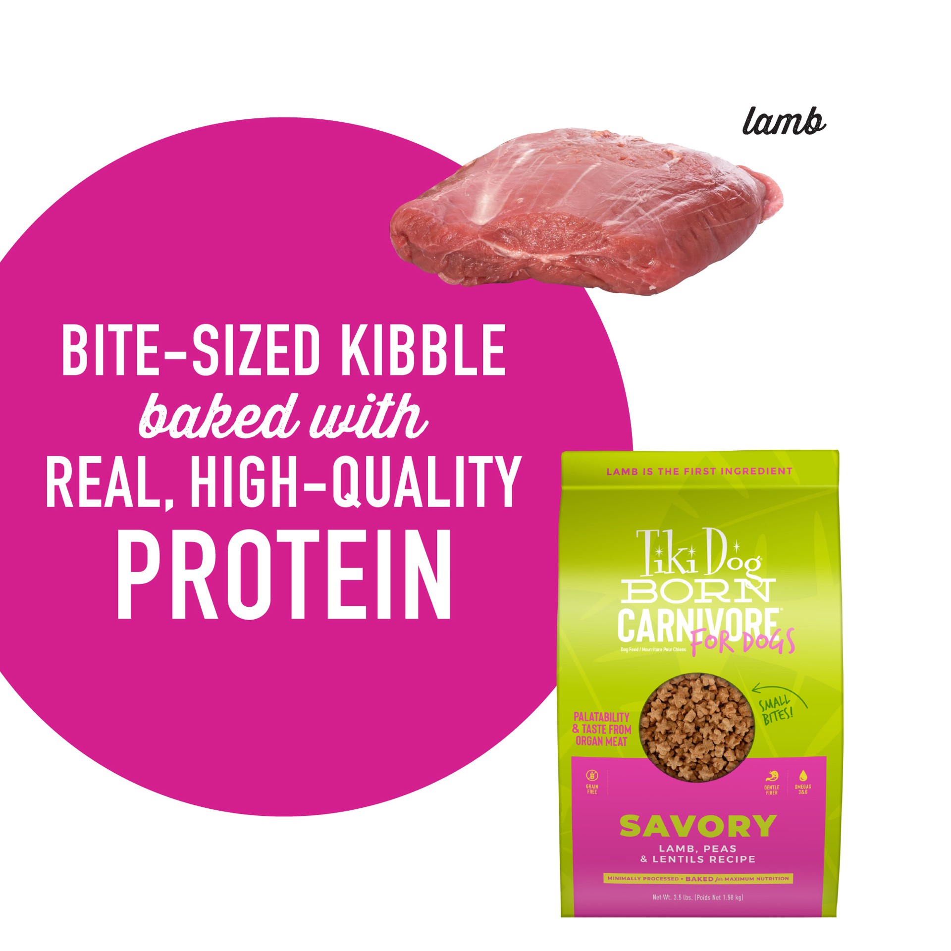 slide 8 of 8, Tiki Dog Born Carnivore Small & Medium Breed All Life Stage Dry Dog Food - Savory Lamb, 3.5 lb