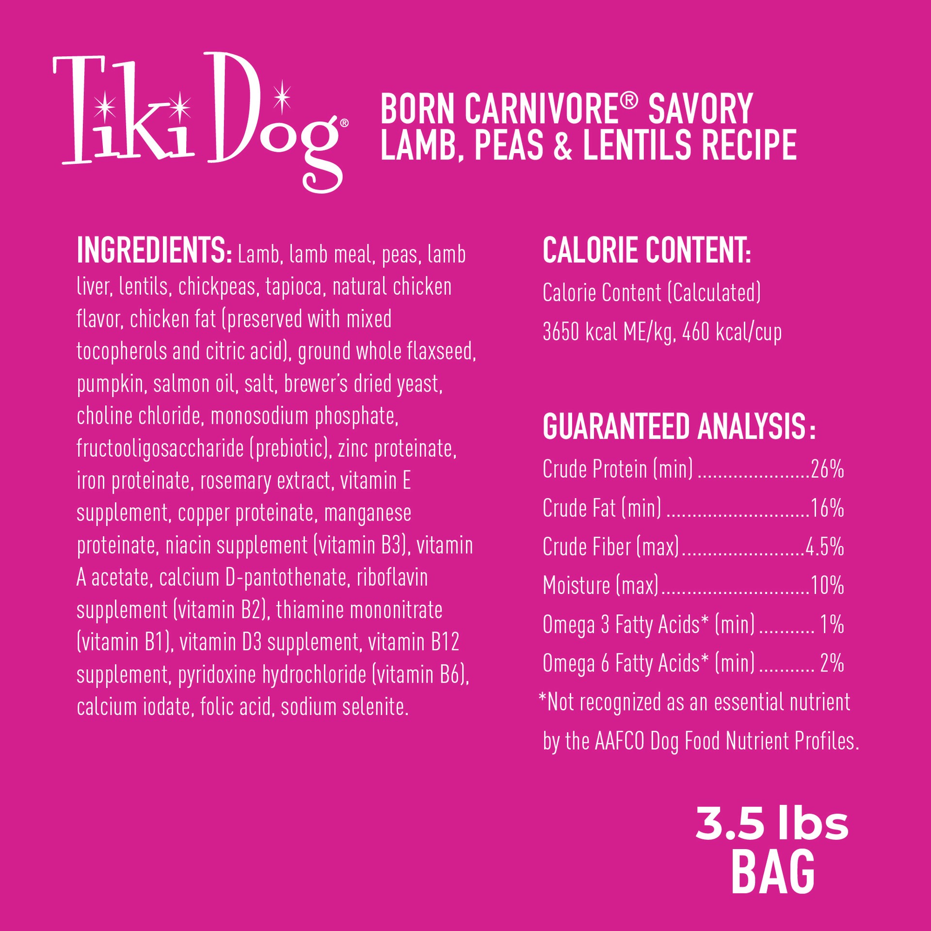 slide 3 of 8, Tiki Dog Born Carnivore Small & Medium Breed All Life Stage Dry Dog Food - Savory Lamb, 3.5 lb