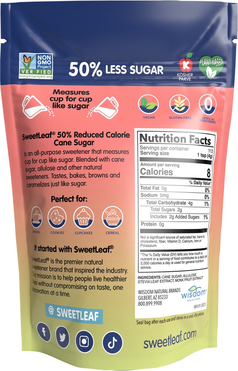 slide 9 of 13, SweetLeaf 50% Reduced Calorie Cane Sugar, 16oz bag, 16 oz