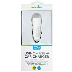 Techcellent 20W 1 Type-C & 1 USB-A Port Power Delivery Quick Charge Car Charger, White