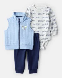 Carters Baby Boy 3-Piece Race Car Quilted Vest Outfit Set - Blue Grey/Blue/Navy 6M