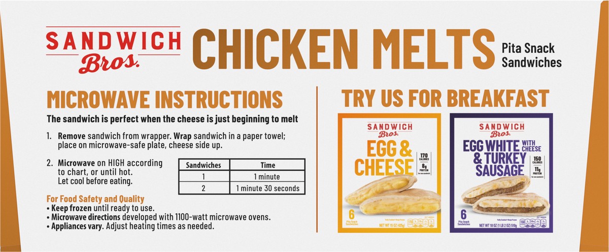 slide 7 of 13, Sandwich Bros. Sandwich Bros Chicken Melt, Frozen Pita Pocket Sandwiches, Frozen Meal, 6 Count, 15 oz, 6 ct