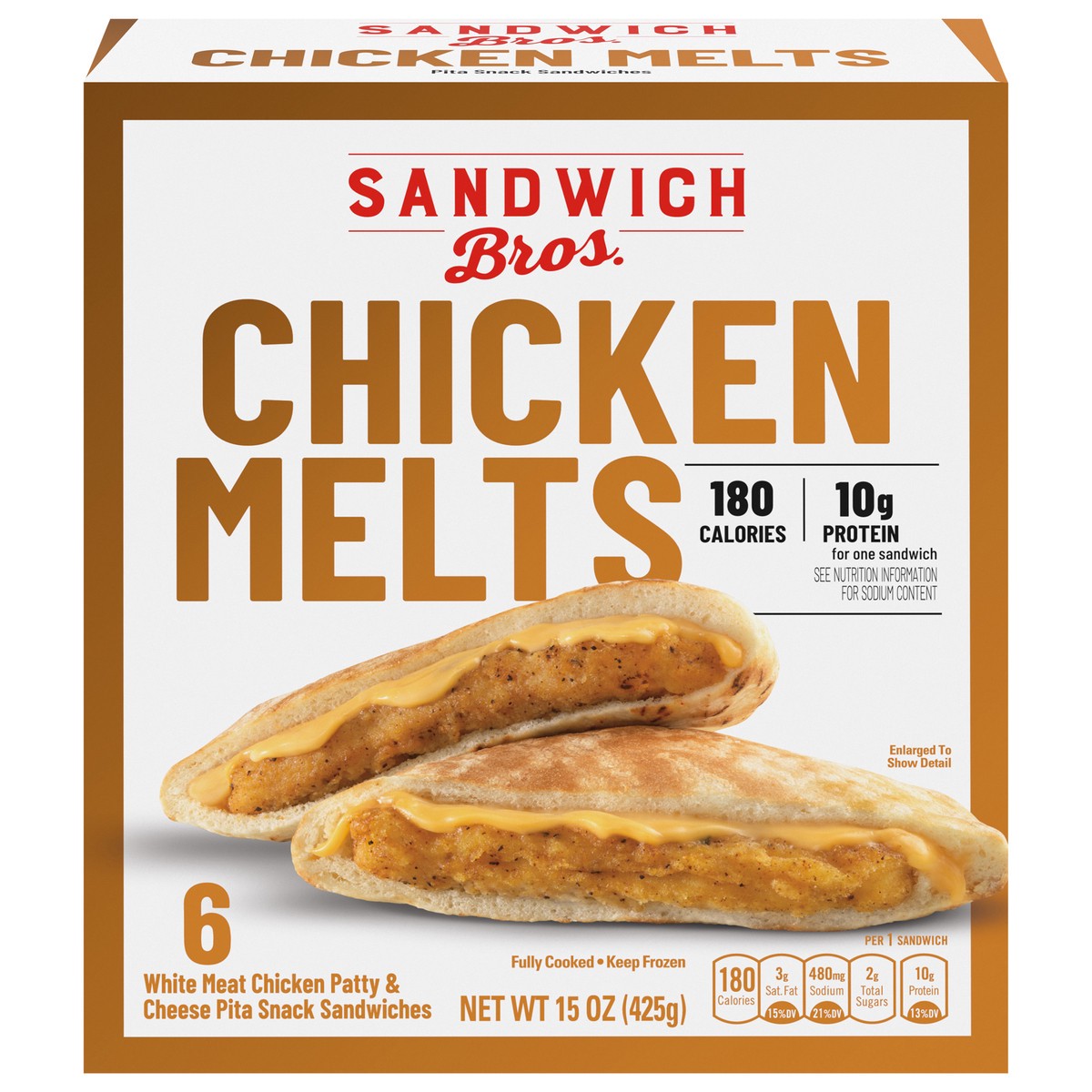 slide 5 of 13, Sandwich Bros. Sandwich Bros Chicken Melt, Frozen Pita Pocket Sandwiches, Frozen Meal, 6 Count, 15 oz, 6 ct