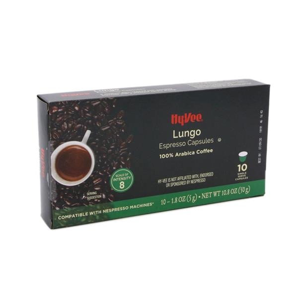 slide 1 of 1, Hy-Vee Lungo Espresso Capsules 10-1.8 Oz Single Serve Capsules, 10.8 oz