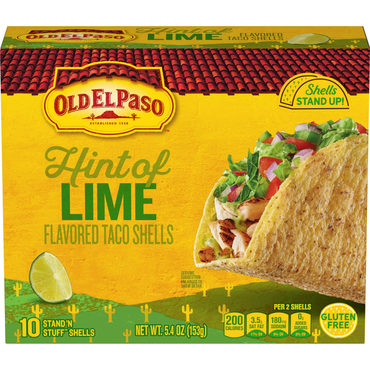 slide 1 of 5, Old El Paso Stand ‘N Stuff Taco Shells, Hint of Lime Flavored, Gluten Free Crunchy Corn Taco Shells, 10 Count, 5.4 oz, 10 ct