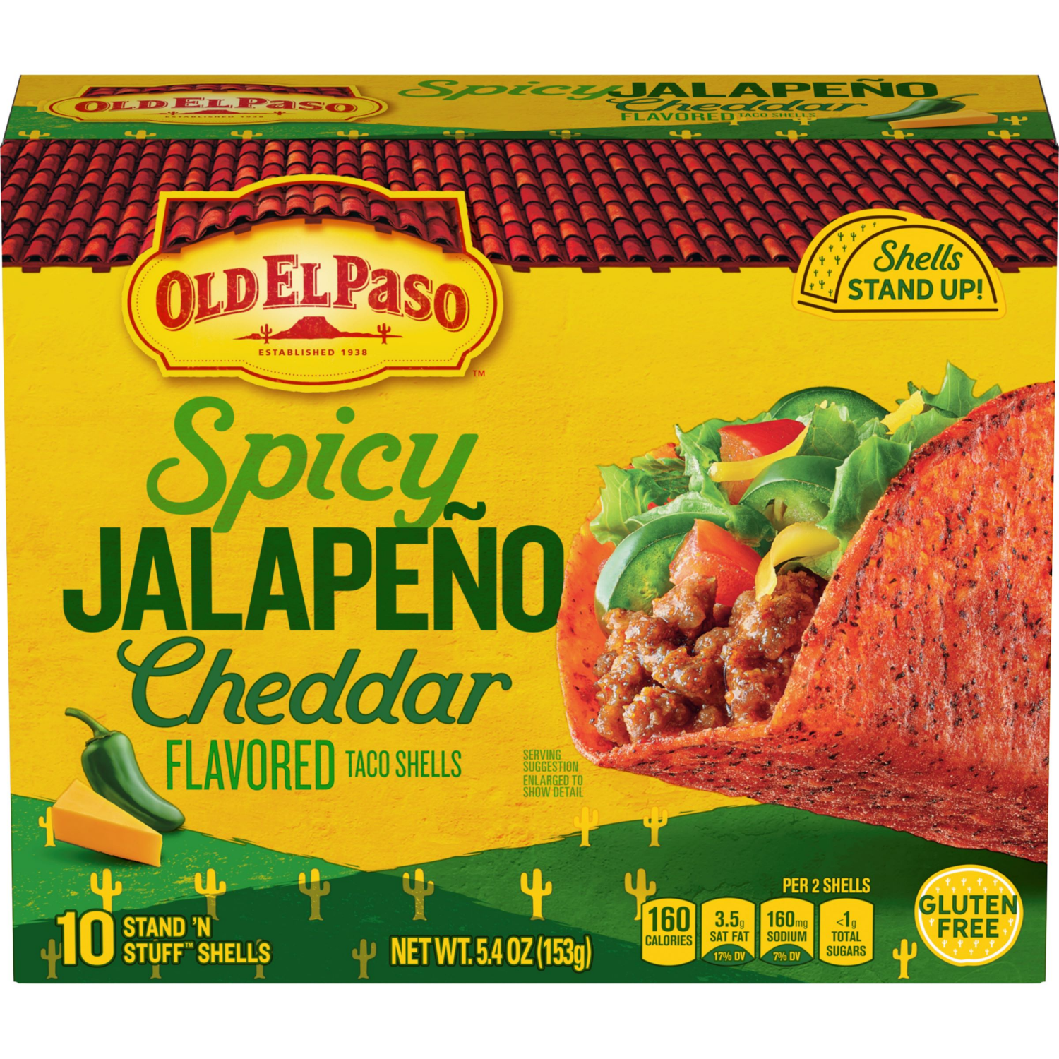 slide 1 of 5, Old El Paso Spicy Jalapeño Cheddar Flavored Stand 'N Stuff Taco Shells, Gluten Free, 5.4 oz., 10 ct