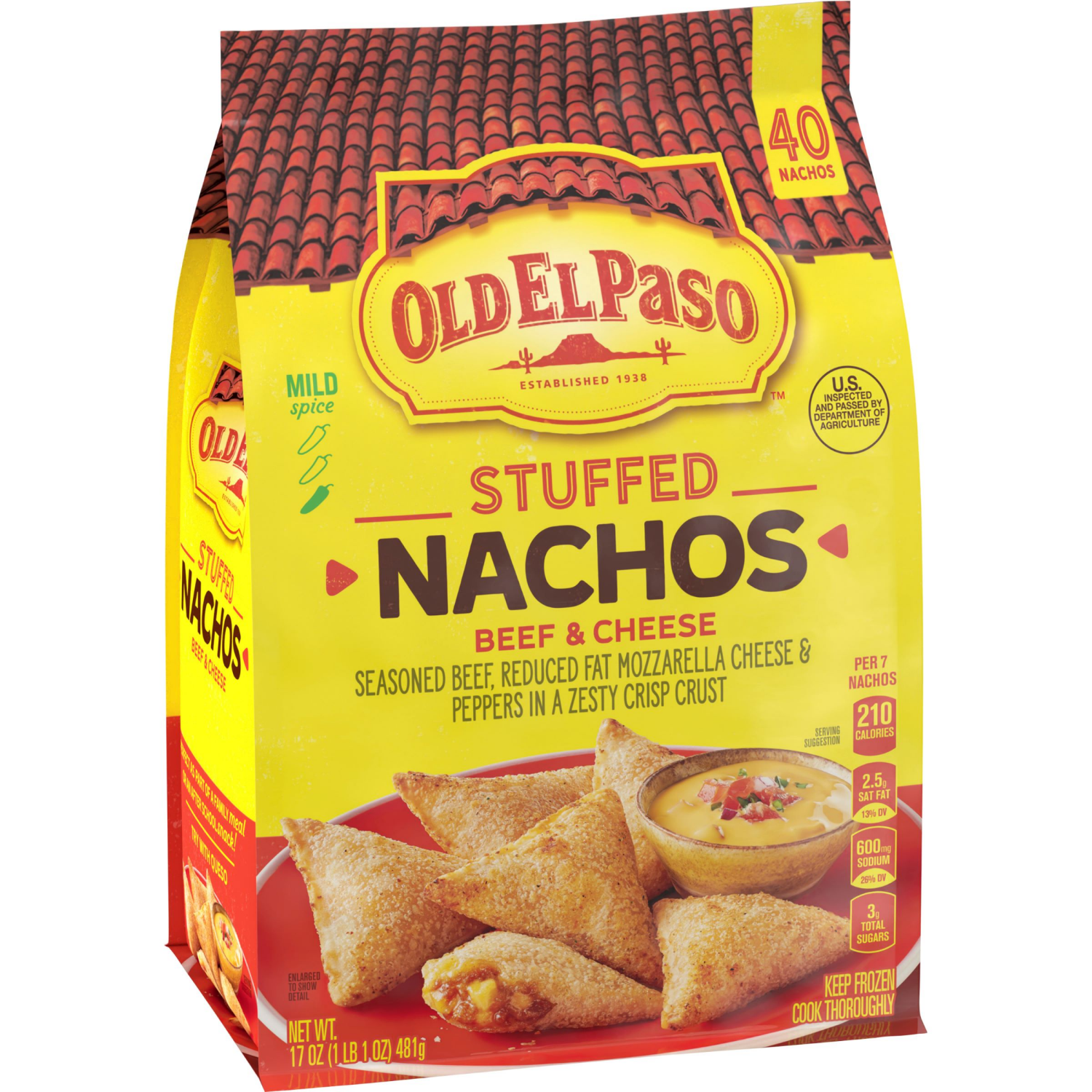 slide 6 of 8, Old El Paso Stuffed Nachos, Beef & Cheese, Frozen Snacks, 40 Count, 17 oz, 40 ct