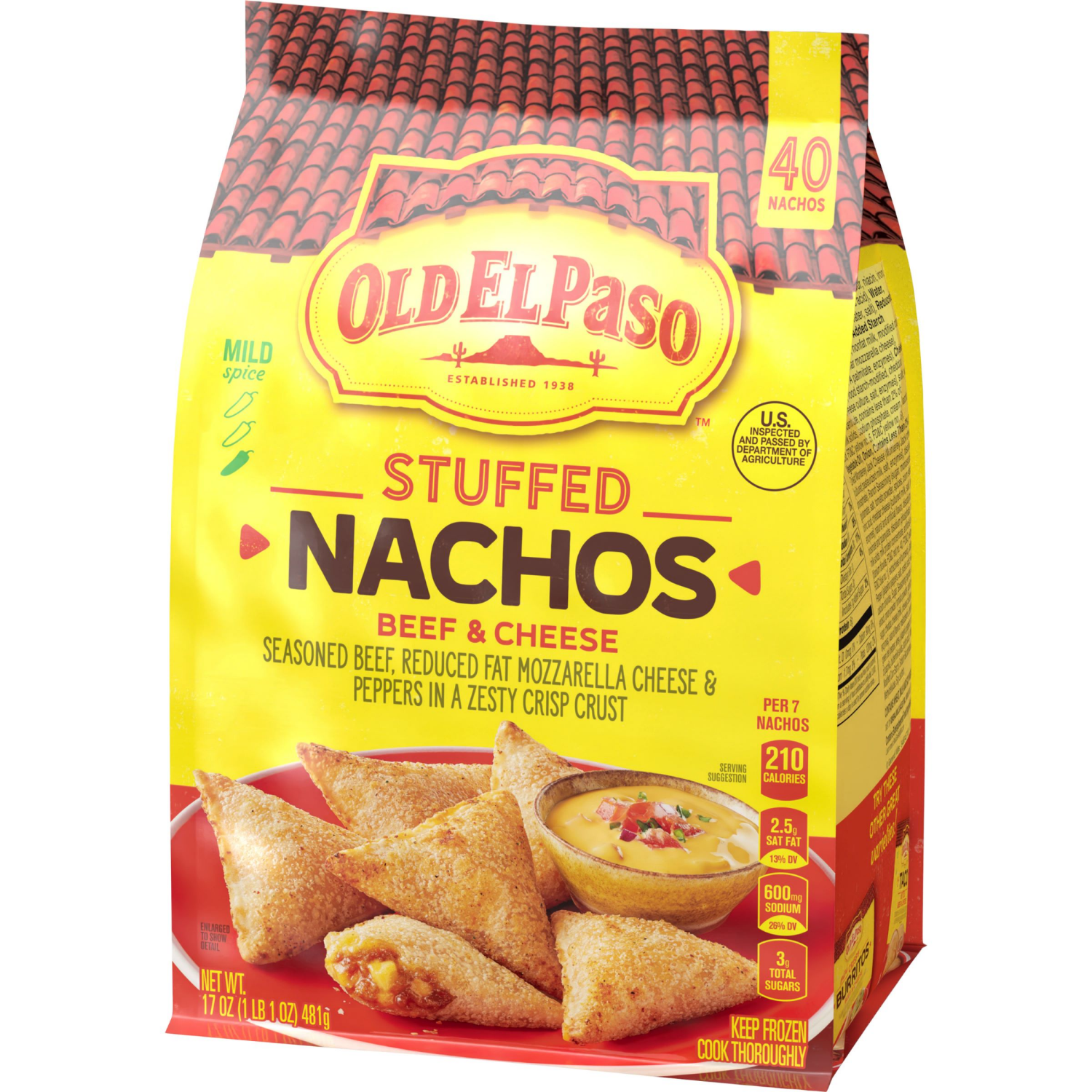 slide 7 of 8, Old El Paso Stuffed Nachos, Beef & Cheese, Frozen Snacks, 40 Count, 17 oz, 40 ct