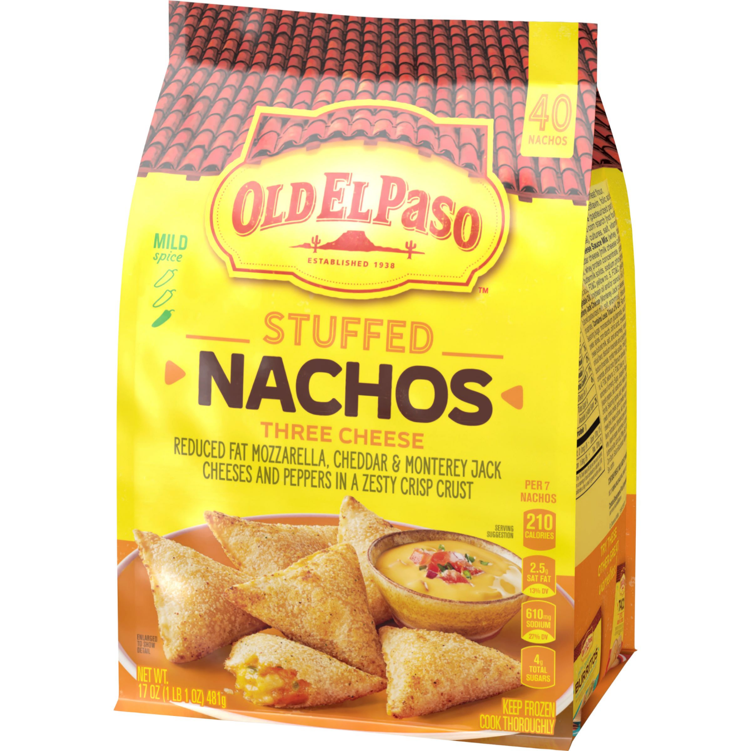 slide 7 of 8, Old El Paso Stuffed Nachos, Three Cheese, Frozen Snacks, 40 Count, 17 oz, 40 ct