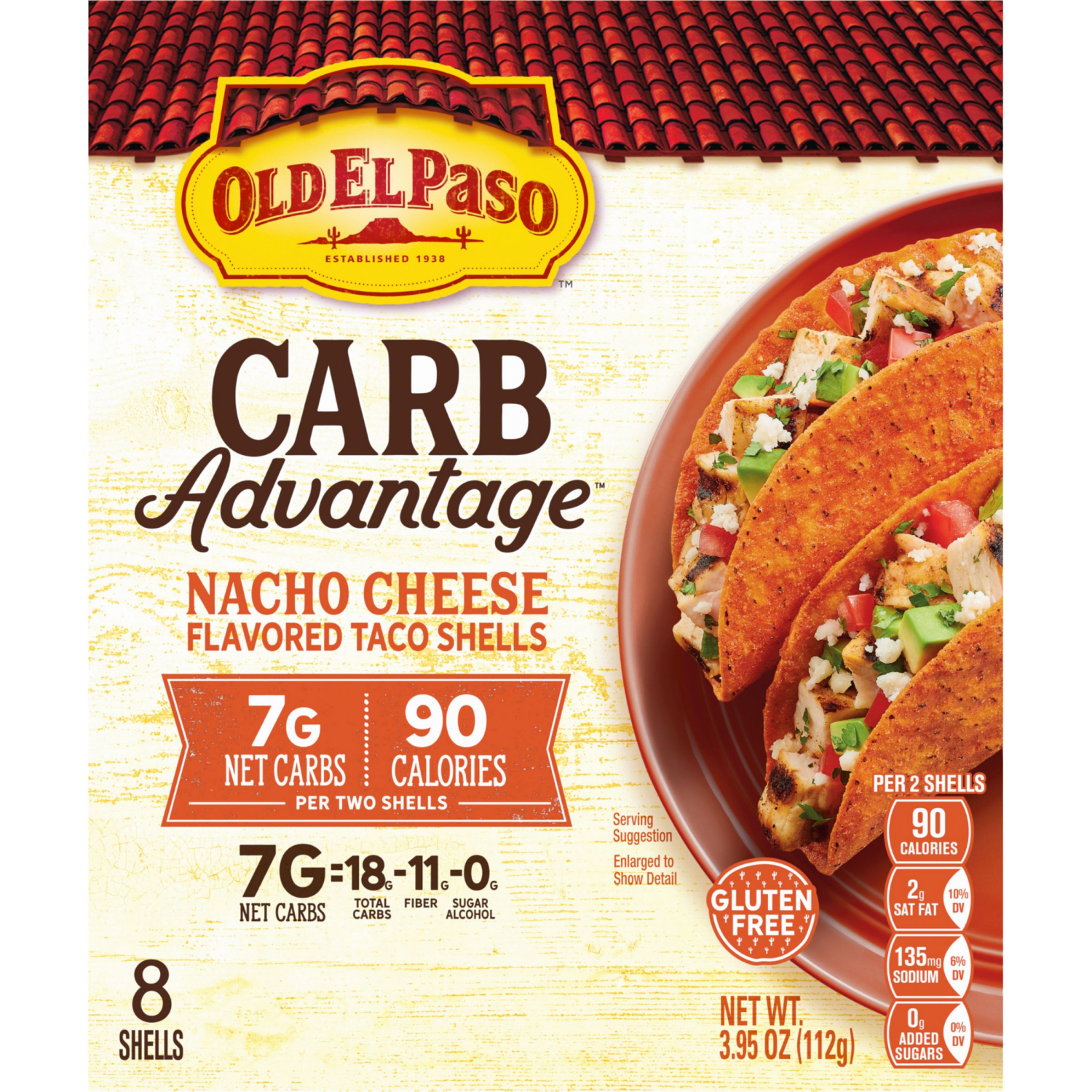 slide 2 of 4, Old El Paso Carb Advantage Taco Shells, Nacho Cheese Flavored, 7g Net Carbs, 90 Calories, Gluten Free Crunchy Taco Shells, 8 Count, 3.95 oz, 8 ct