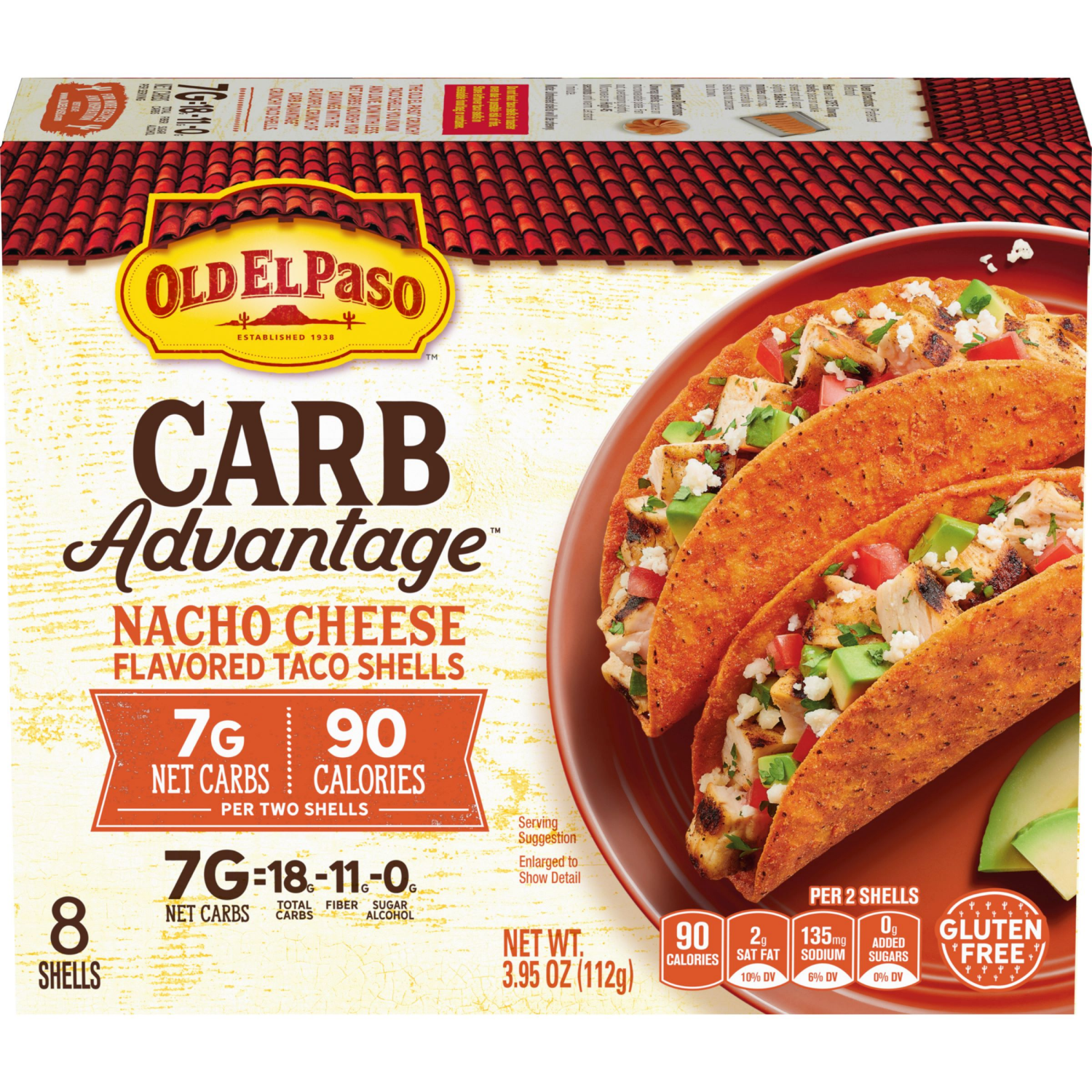 slide 1 of 4, Old El Paso Carb Advantage Taco Shells, Nacho Cheese Flavored, 7g Net Carbs, 90 Calories, Gluten Free Crunchy Taco Shells, 8 Count, 3.95 oz, 8 ct